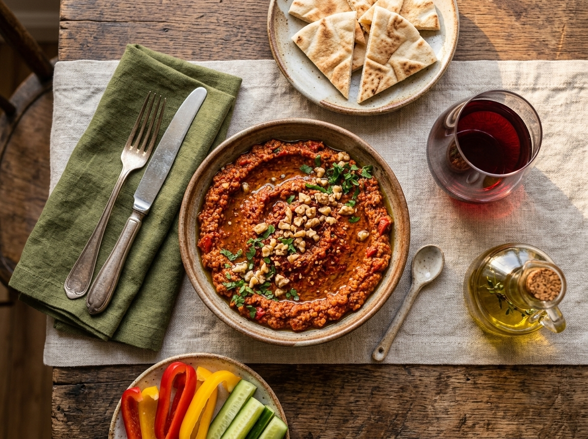 Roasted red pepper and walnut dip on a linen table with pita bread, olive oil, and a glass of red wine