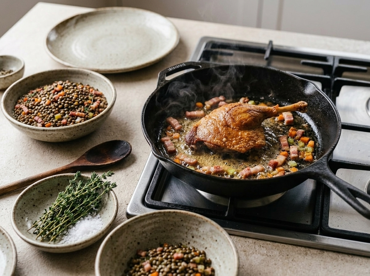 Duck leg searing skin-side down in a cast iron skillet as fat renders and bubbles around the edges