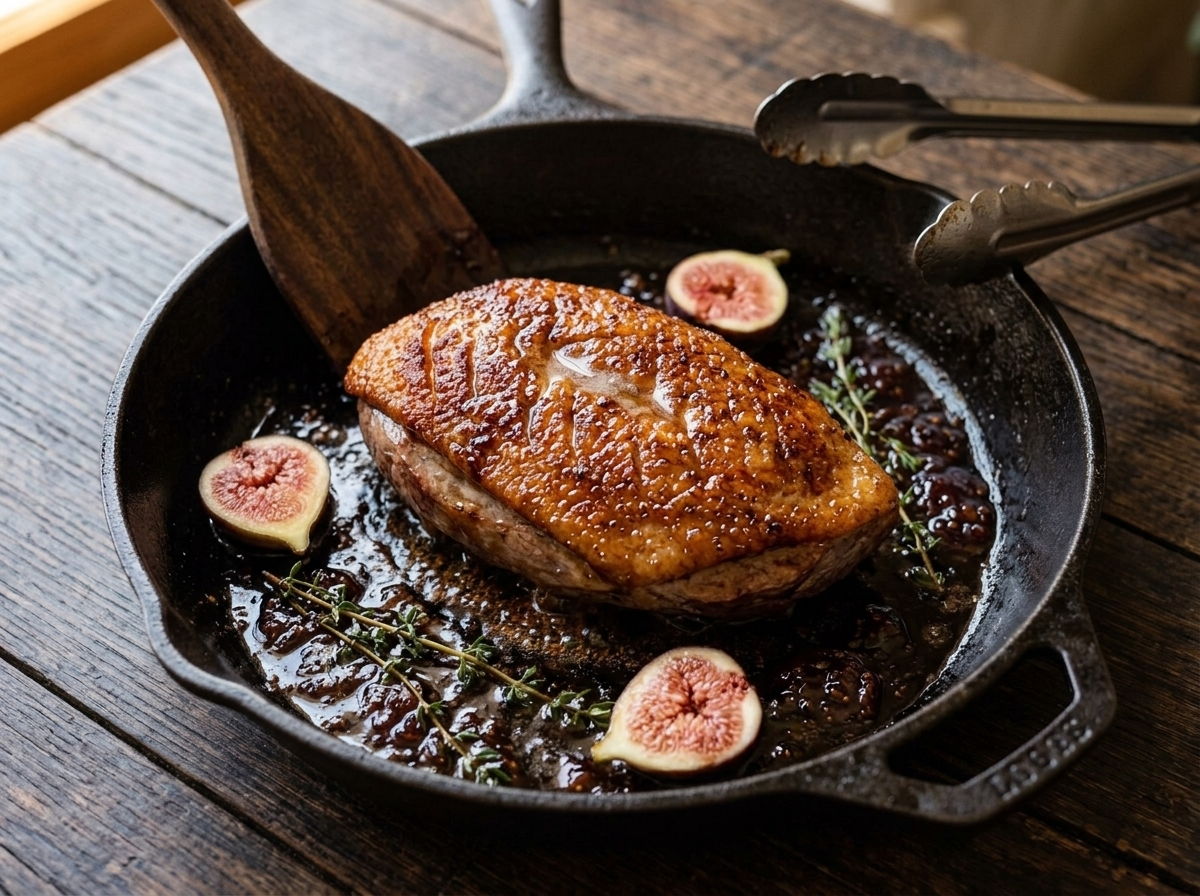 Duck breast searing skin-side down in a cast iron skillet, fat rendering golden around the edges
