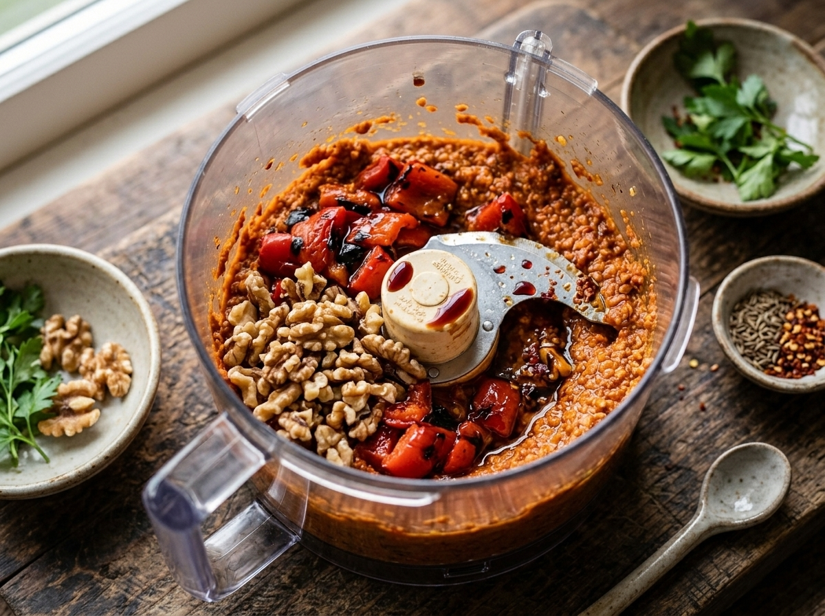 Food processor blending charred roasted red peppers with toasted walnuts and pomegranate molasses into a coarse dip