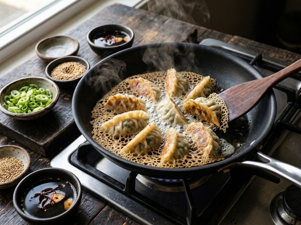 Pork and chive dumplings pan-frying with cornstarch slurry forming a crisp lacy skirt in a skillet