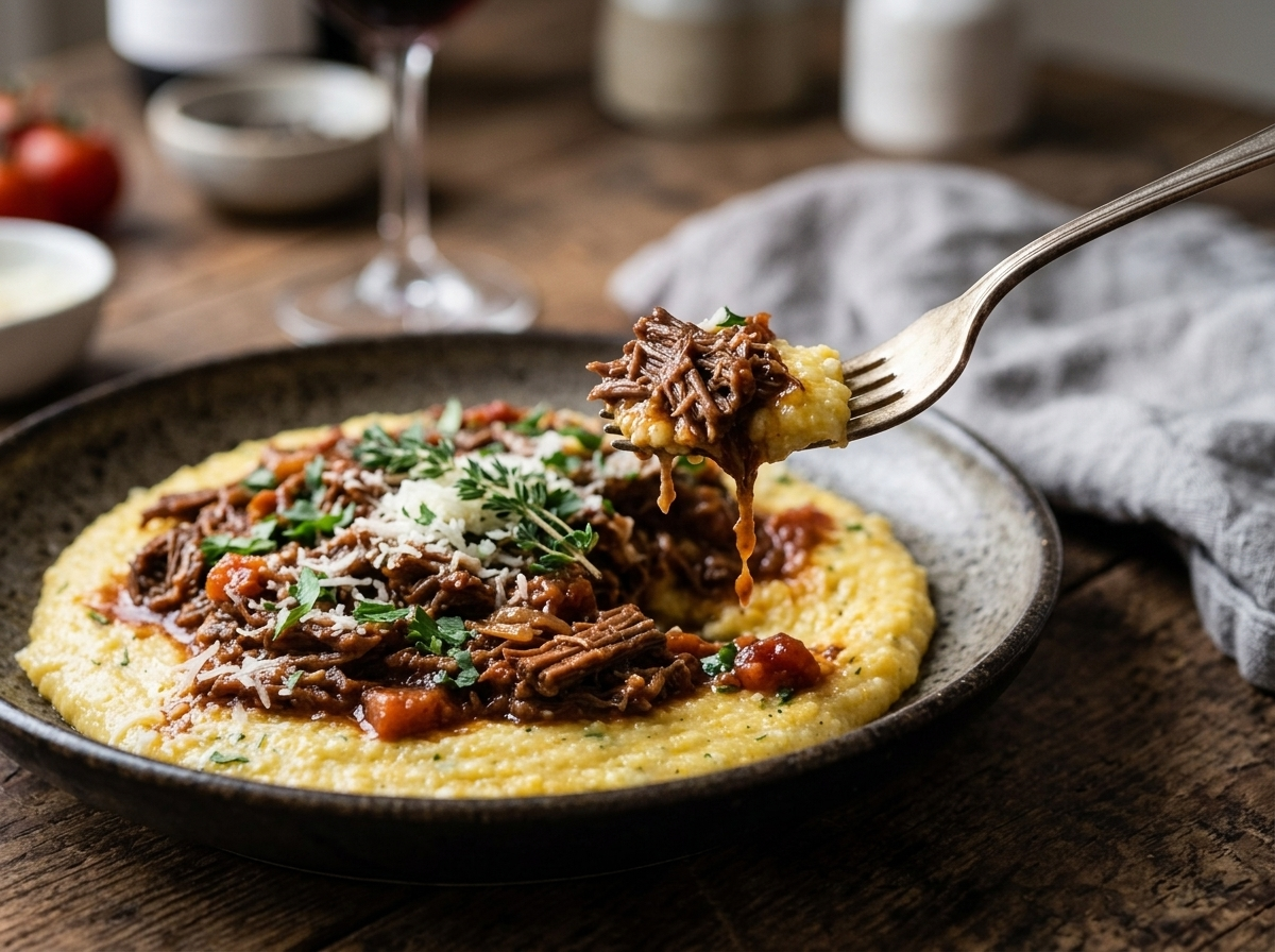 Slow-Braised Beef Ragu with Creamy Parmesan Polenta serving shot