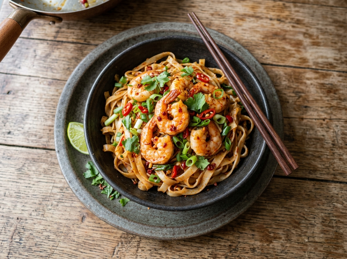 Bowl of chili garlic prawn noodles topped with curled pink prawns, scallions, cilantro, and a lime wedge on a wooden table
