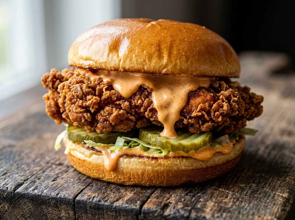 Crispy buttermilk chicken sandwich on a toasted brioche bun with spicy mayo and pickle chips on a wooden board