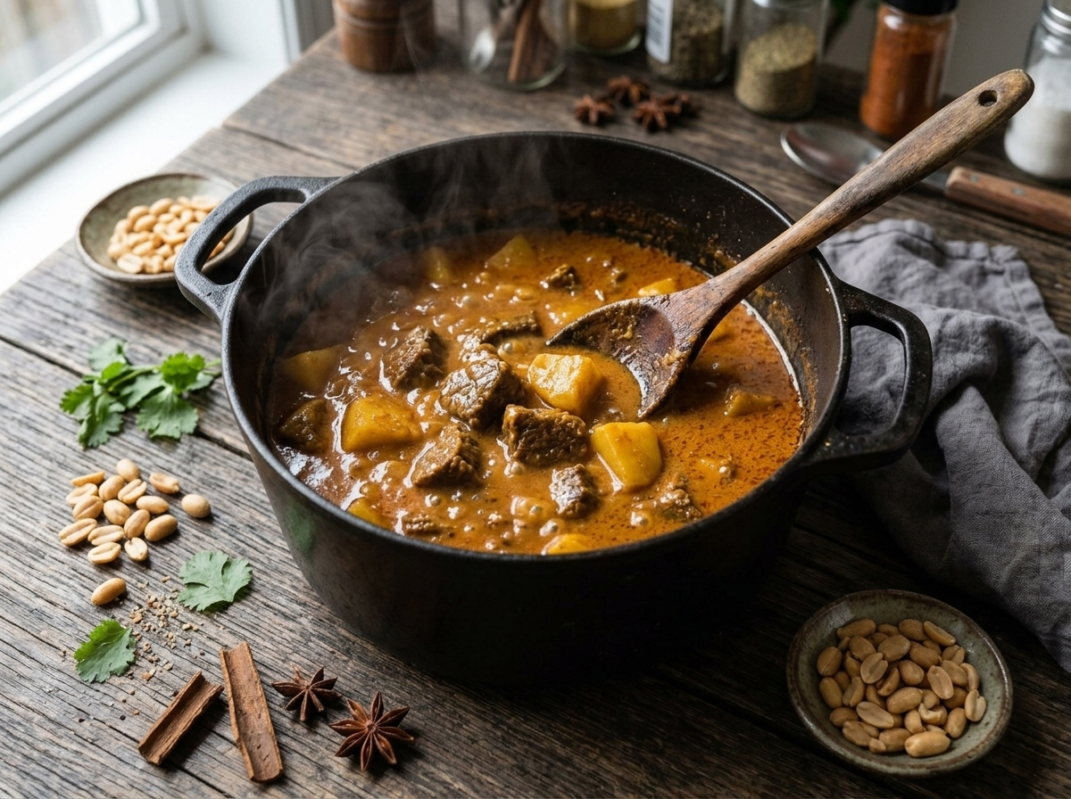 Beef massaman curry simmering in a Dutch oven with visible beef chunks and potatoes in coconut sauce