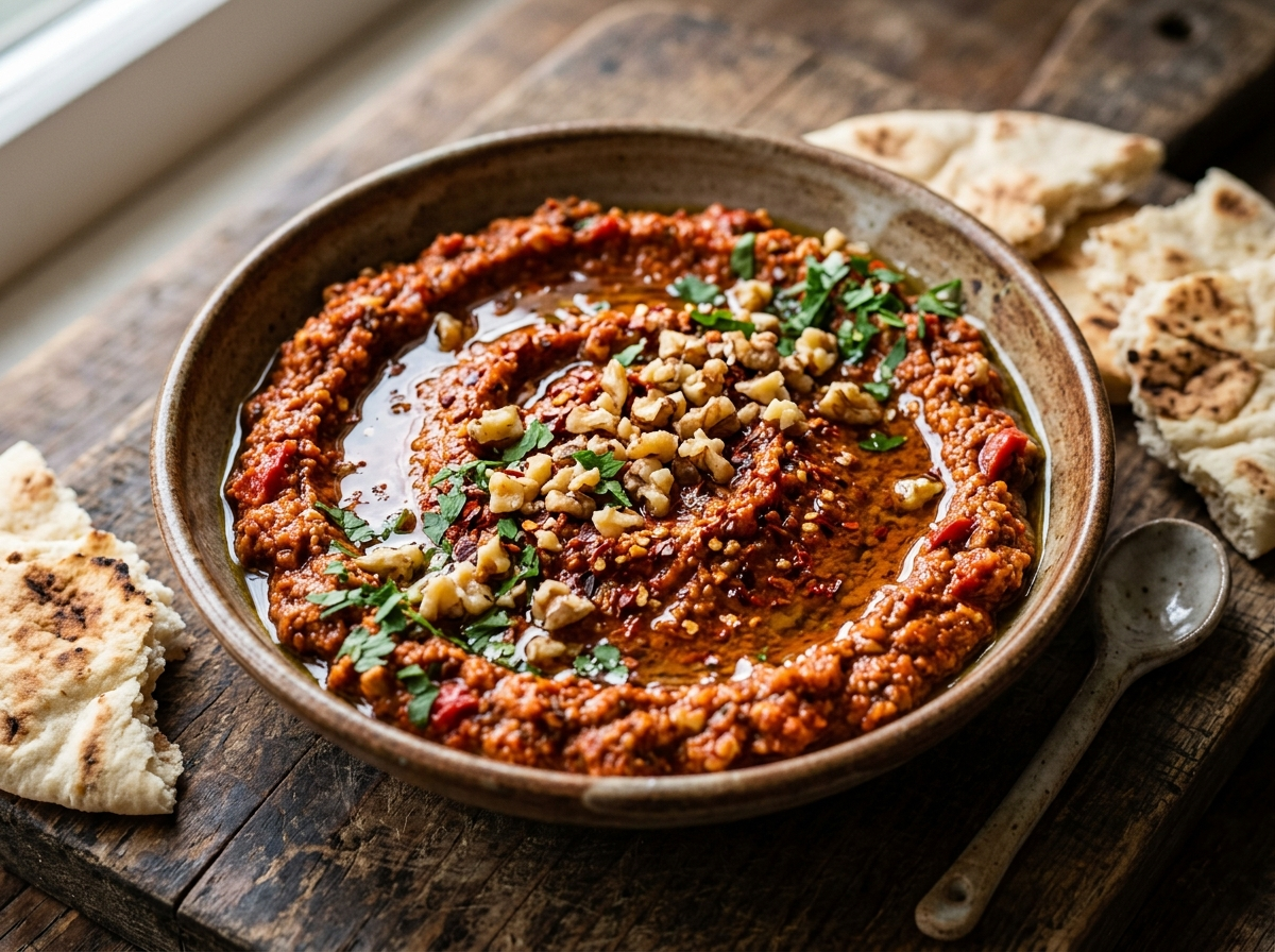 Bowl of roasted red pepper and walnut dip topped with olive oil and chopped walnuts, served with torn warm pita bread