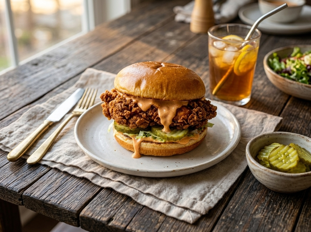Buttermilk chicken sandwich served on a linen napkin with pickles and iced tea on a wooden table