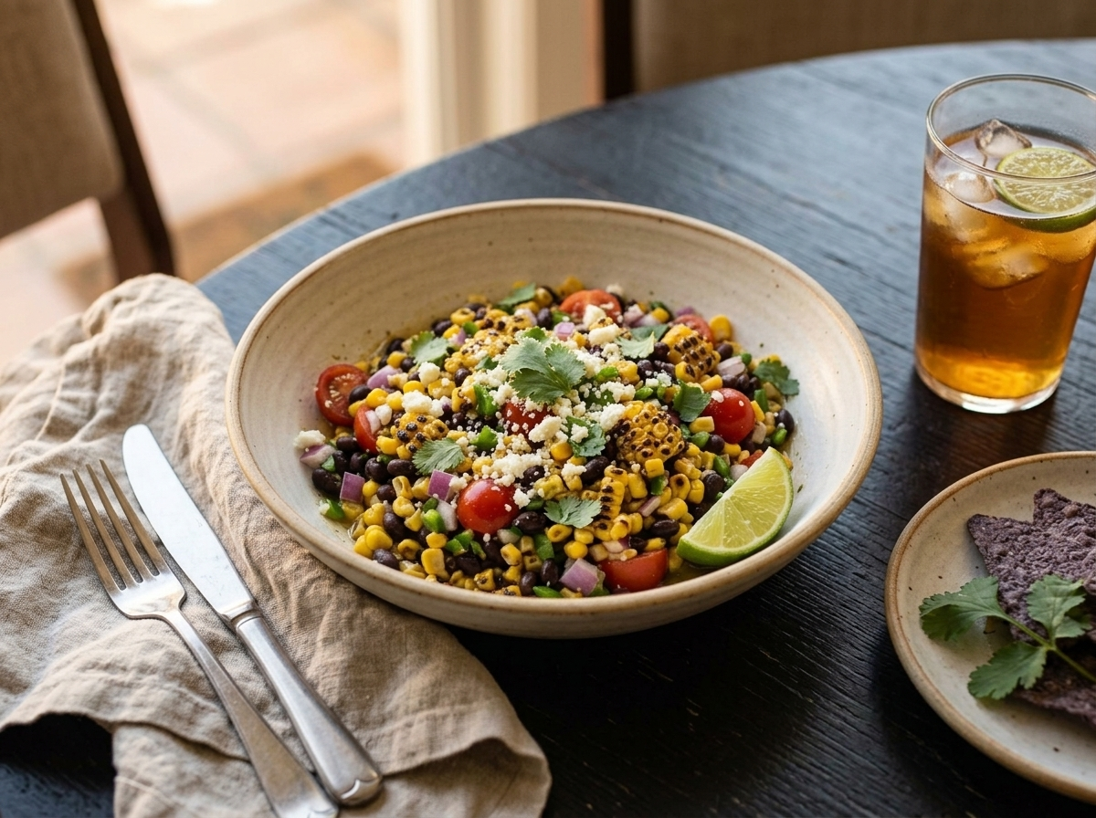 Bowl of charred corn and black bean salad served on a linen napkin with lime wedges and tortilla chips