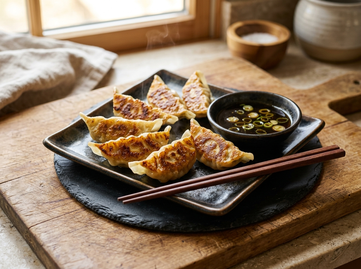 Crispy pork gyoza with golden pan-fried bottoms arranged on a slate plate next to a small bowl of ponzu sauce
