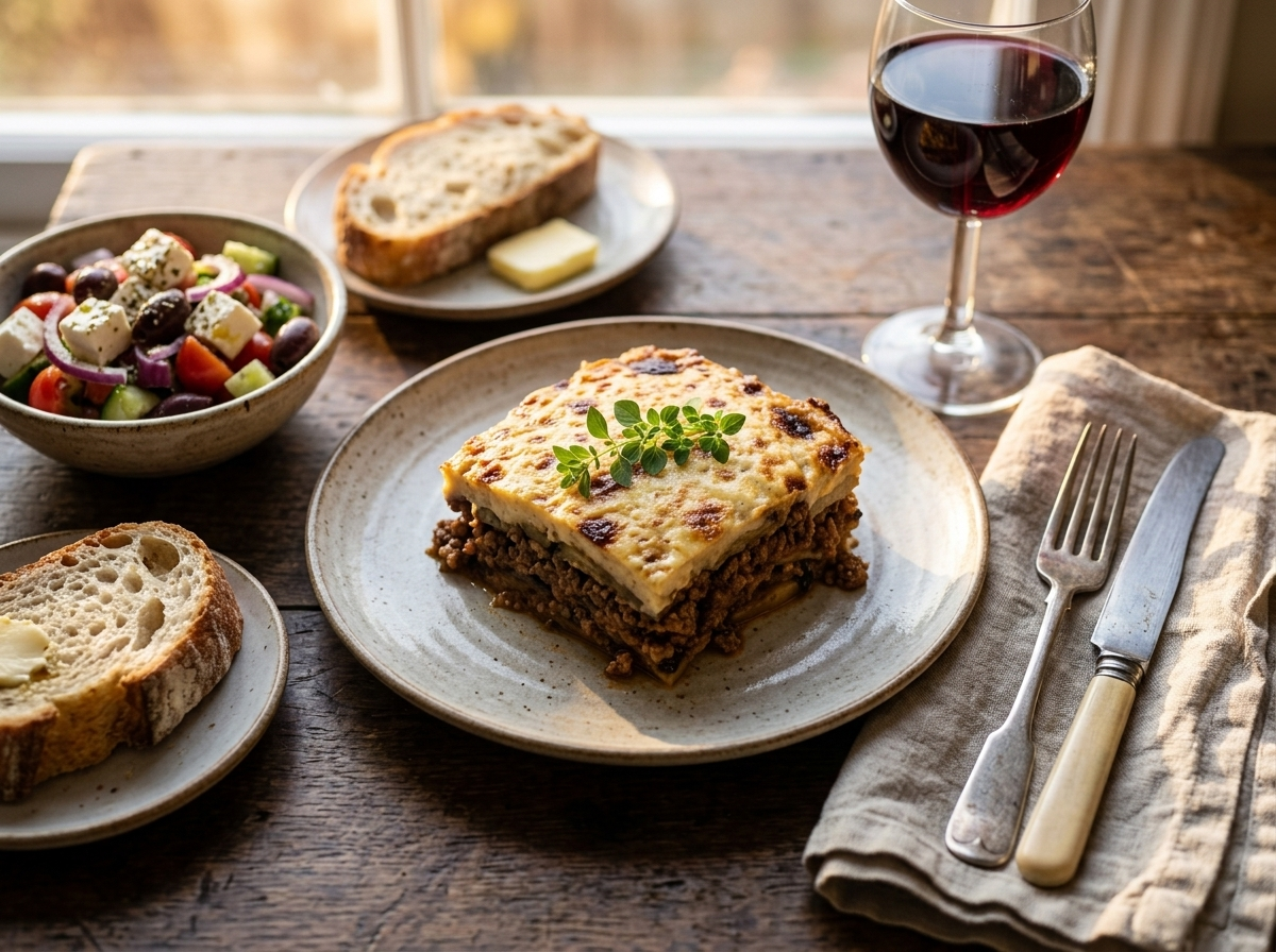 Plated square of lamb and aubergine moussaka with a side salad and glass of red wine on a linen napkin