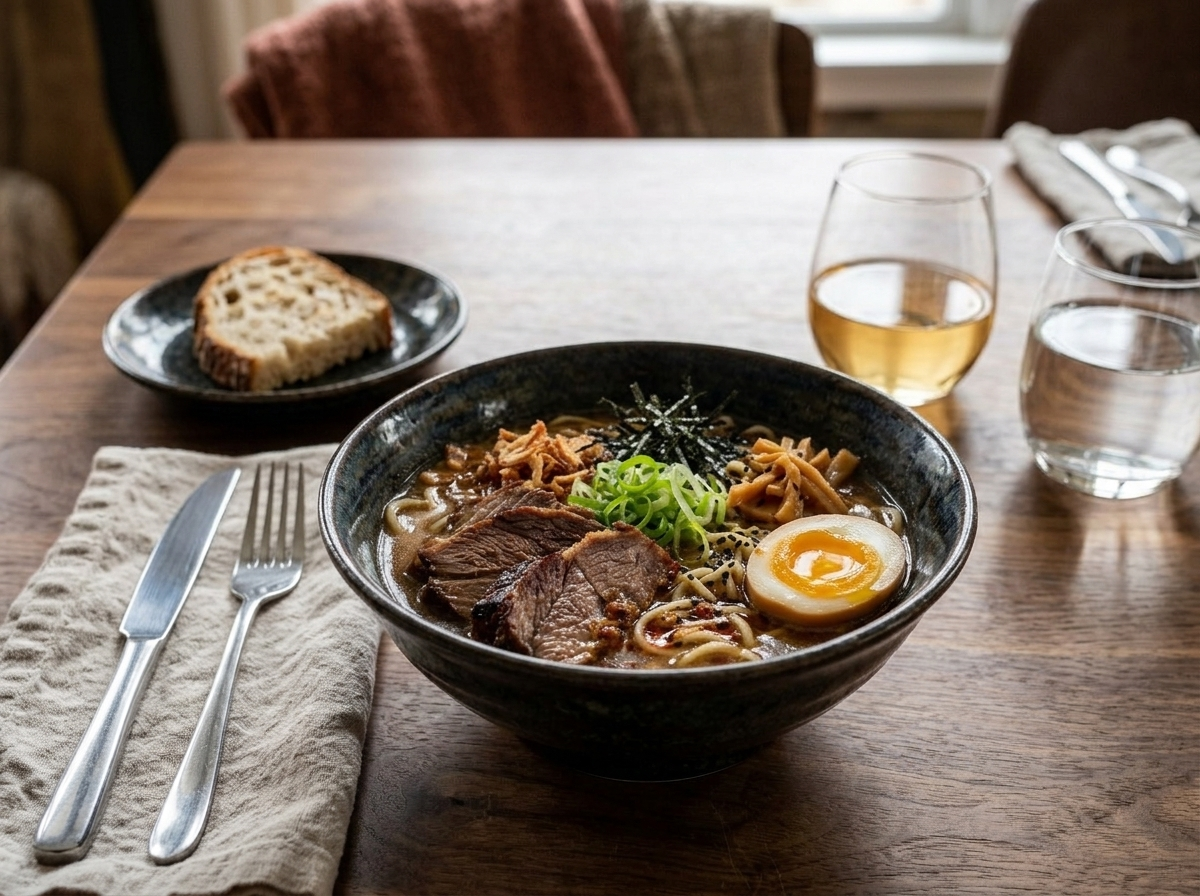 Slow-Braised Beef Brisket Ramen with Silky Soft Egg serving shot