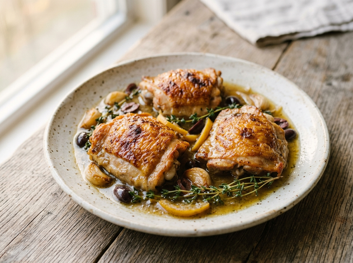 Cast iron skillet of pan roasted chicken thighs with preserved lemon, garlic, and thyme in a glossy pan sauce