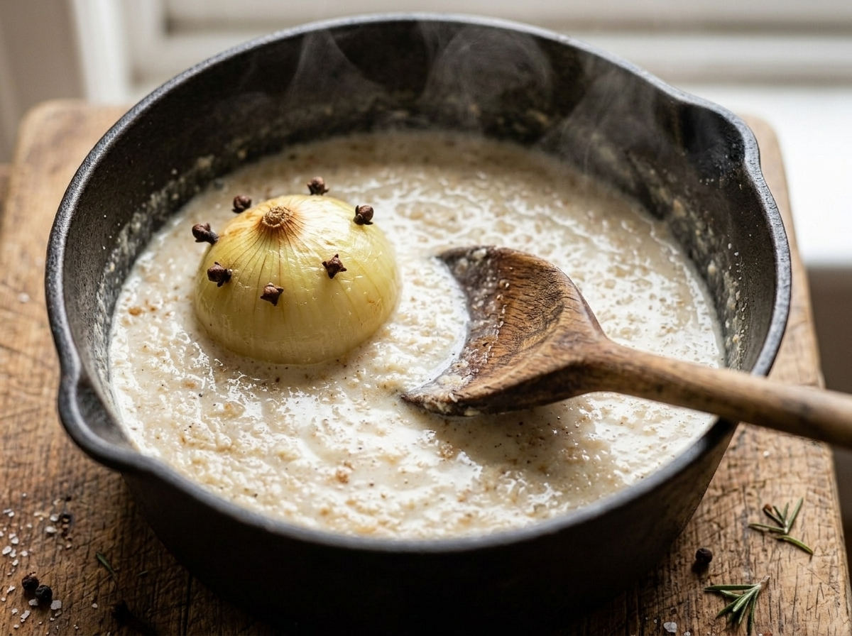 Wooden spoon stirring breadcrumbs into simmering milk with a clove-studded onion for bread sauce