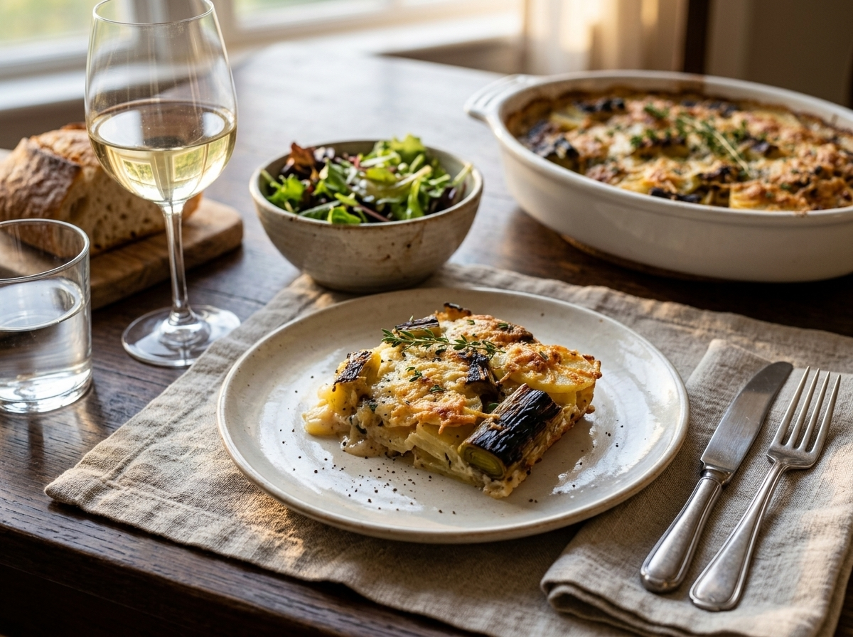 Plated slice of charred leek and potato gratin with a fork and glass of white wine on a wooden table