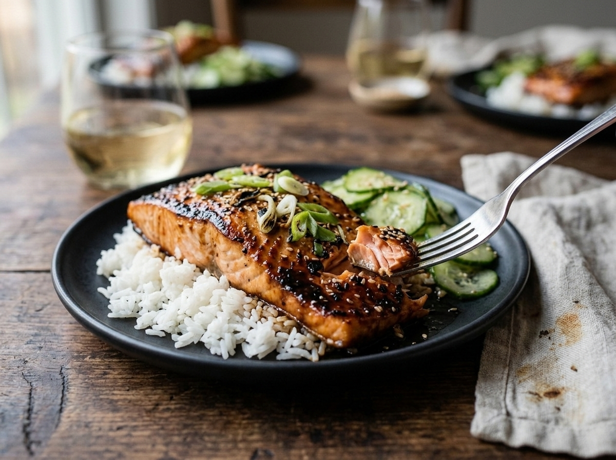 Plated miso butter roasted salmon fillet with steamed rice and cucumber salad on a linen-draped table