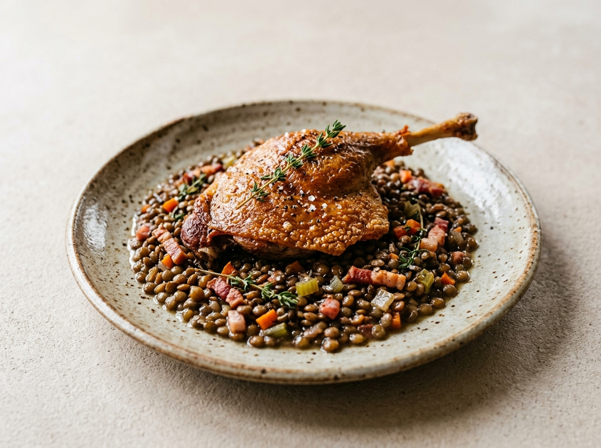 Crispy skin duck leg served over Puy lentils with bacon lardons and carrot on a ceramic plate