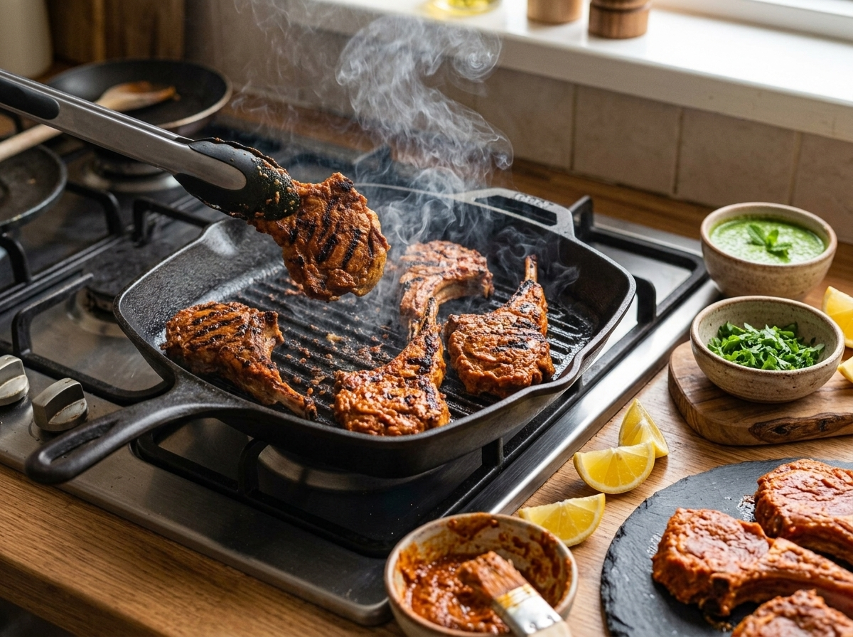 Tandoori marinated lamb cutlets searing on a hot grill pan with visible char and red spice crust forming