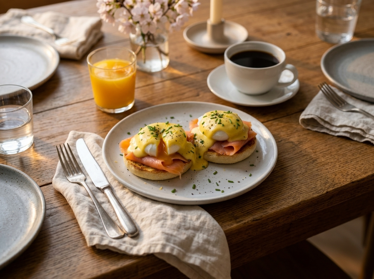 Plated smoked salmon eggs Benedict with coffee and orange juice on a wooden brunch table