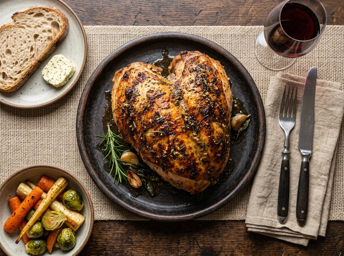 Juicy Roast Garlic Herb Butter Turkey Crown with Crisp Skin serving shot