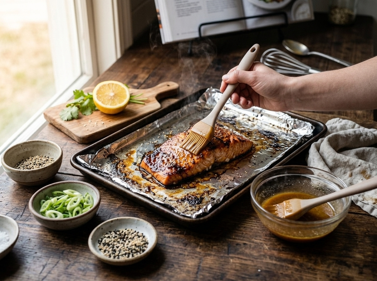 Brushing melted miso butter glaze over roasting salmon fillets on a foil-lined sheet pan in the oven