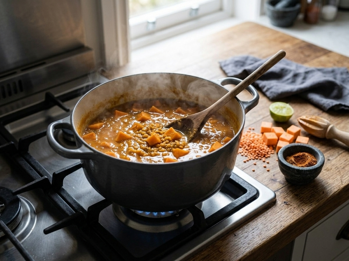 Dutch oven of simmering lentil and sweet potato curry being stirred with a wooden spoon on the stovetop