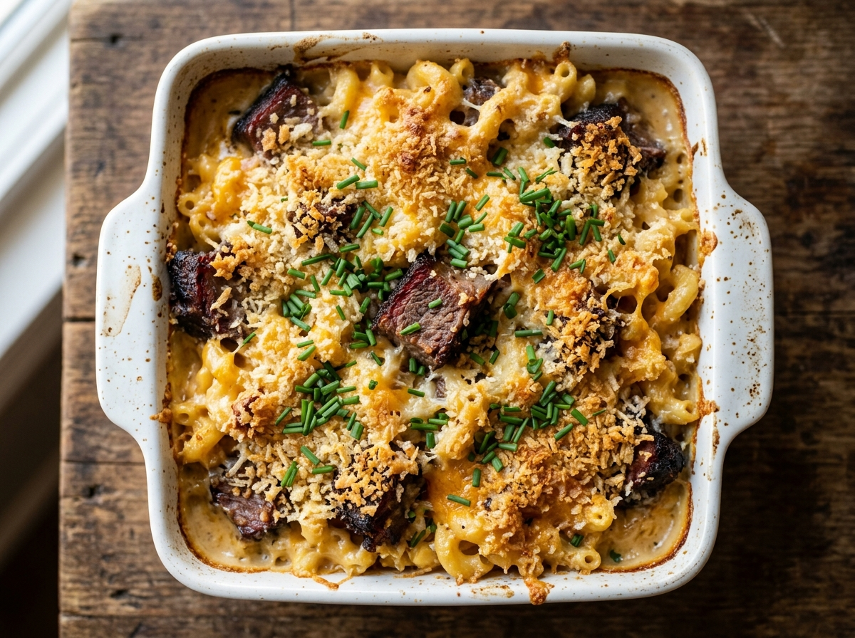 Baked smoked brisket mac and cheese in a white dish with golden panko crust and visible brisket chunks