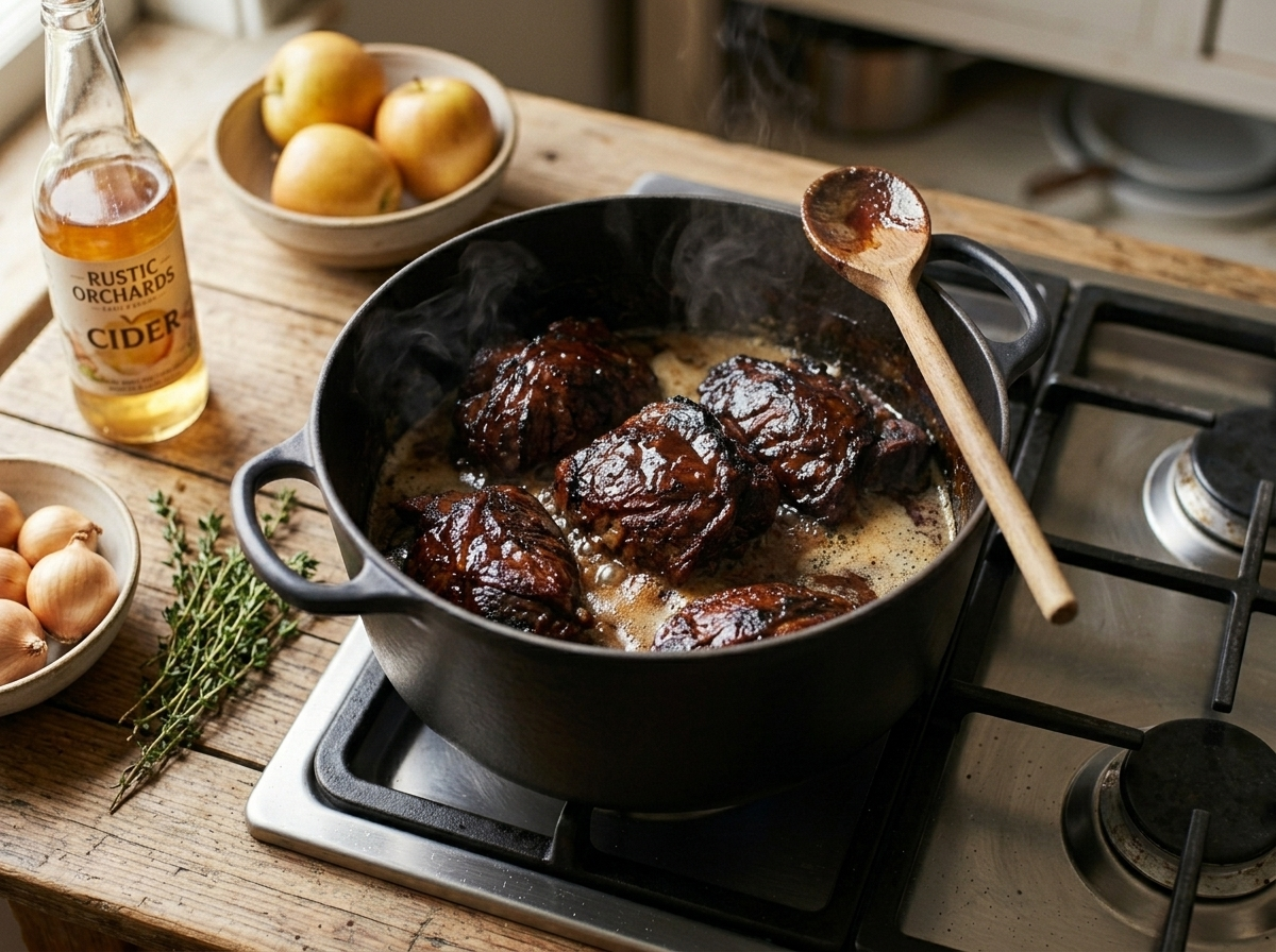 Pork cheeks searing golden brown in butter and olive oil in a Dutch oven before the cider braise