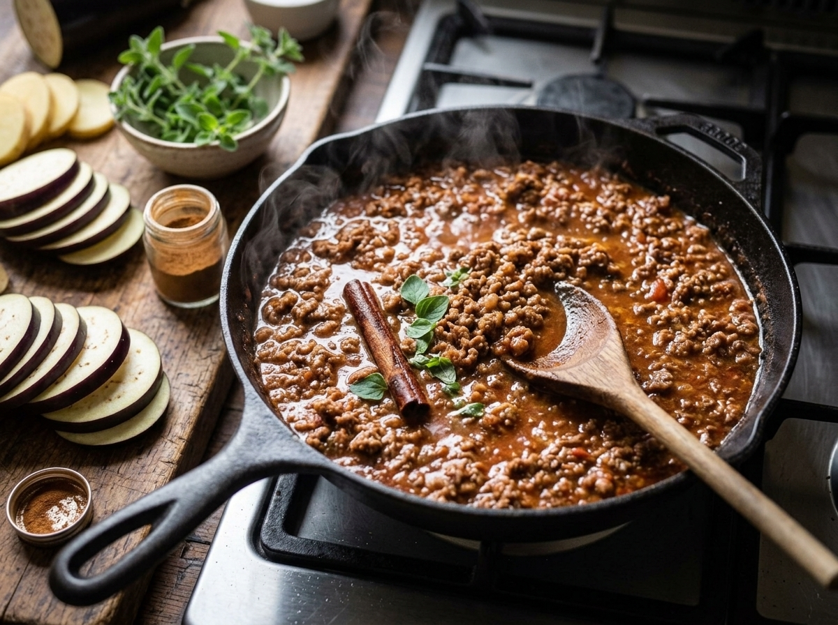 Spiced ground lamb ragu simmering in a skillet with cinnamon and crushed tomatoes for aubergine moussaka