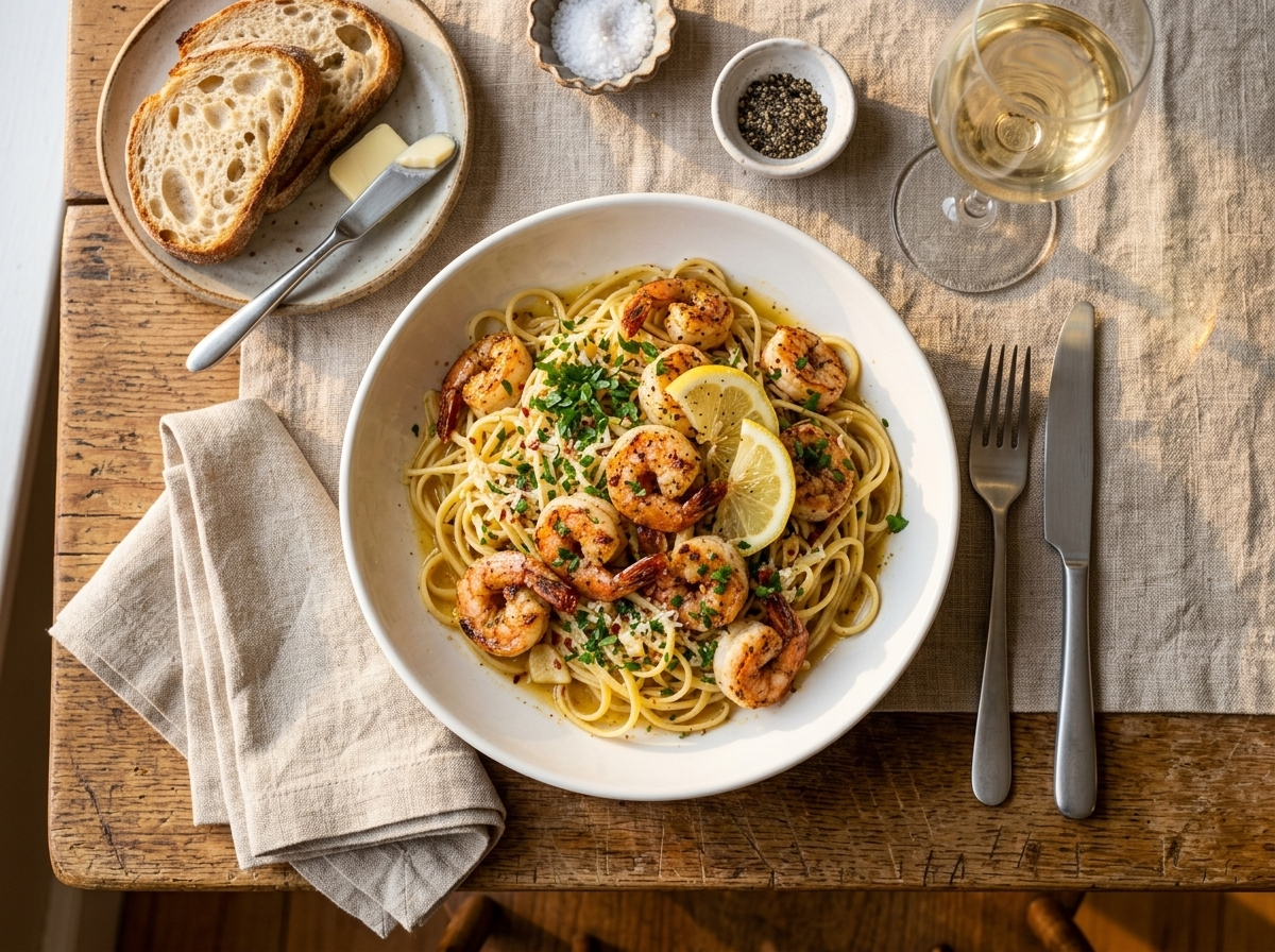 Plated lemon garlic butter shrimp scampi with linguine served alongside white wine and crusty bread at dinner