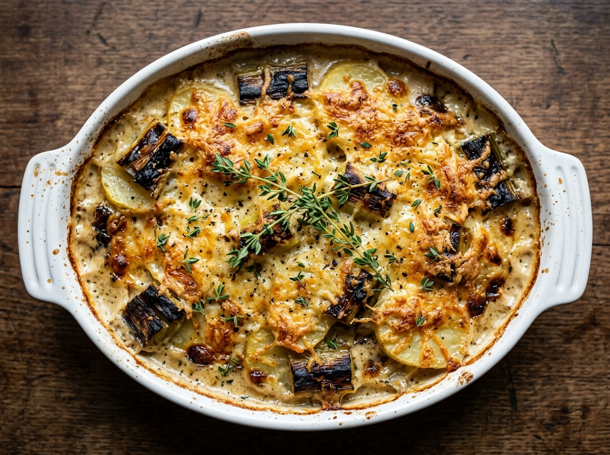 Top-down view of charred leek and potato gratin with golden gruyere crust in a white ceramic baking dish