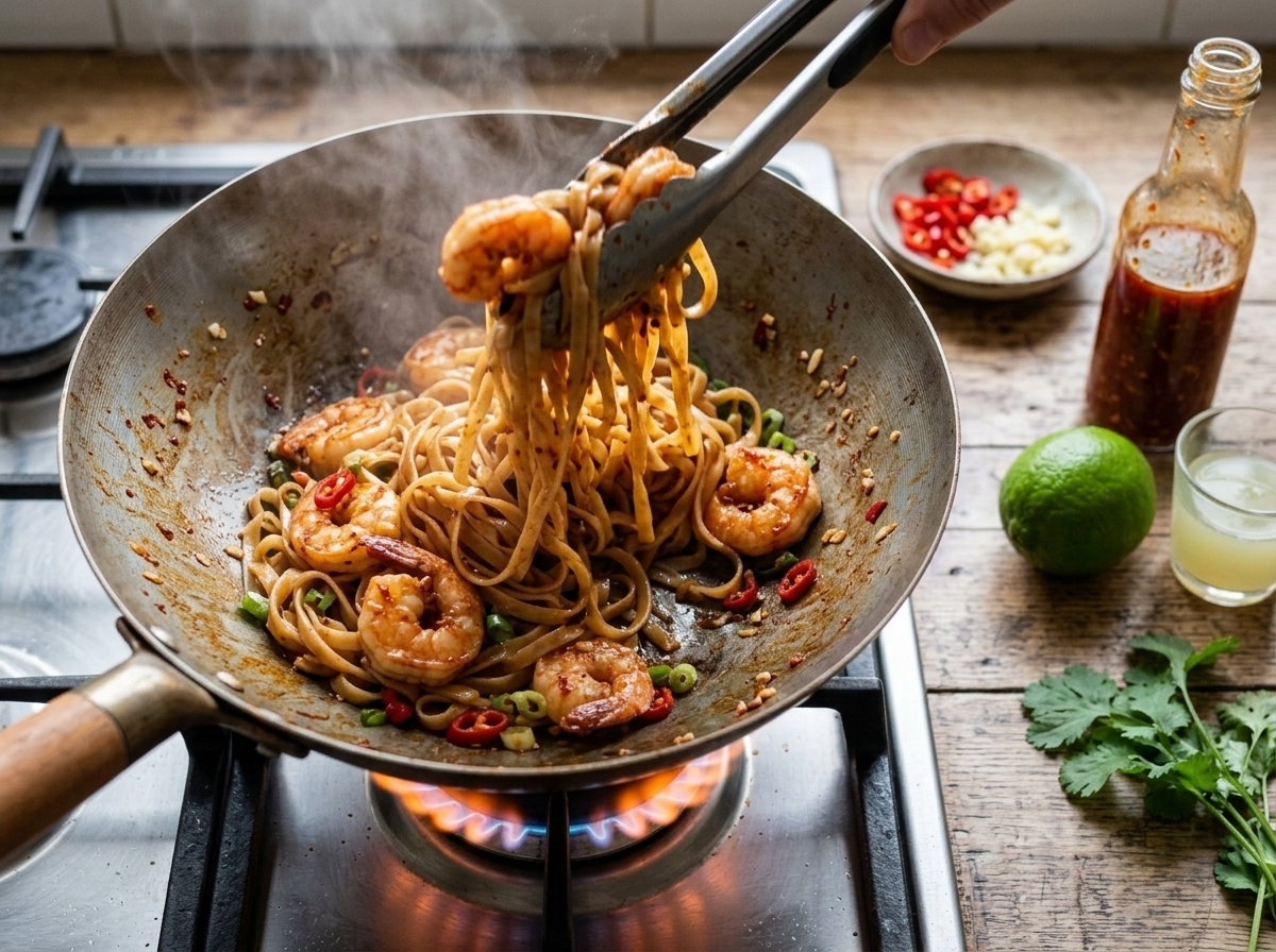 Wok stir-frying flat rice noodles with prawns, sliced red chili, and garlic, tongs tossing the noodles over high heat