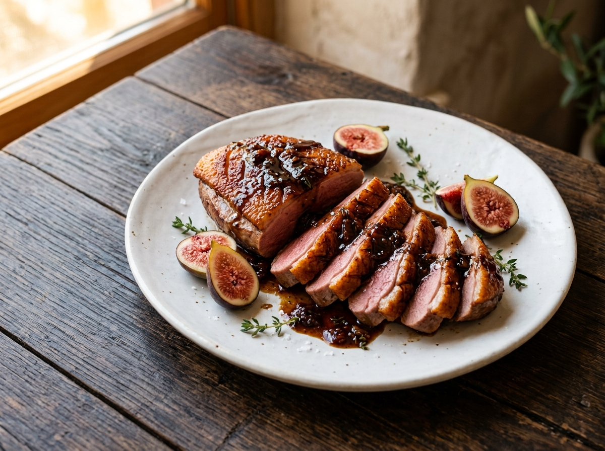 Sliced pan-seared duck breast fanned on a plate with glossy fig glaze, quartered fresh figs, and a thyme sprig garnish