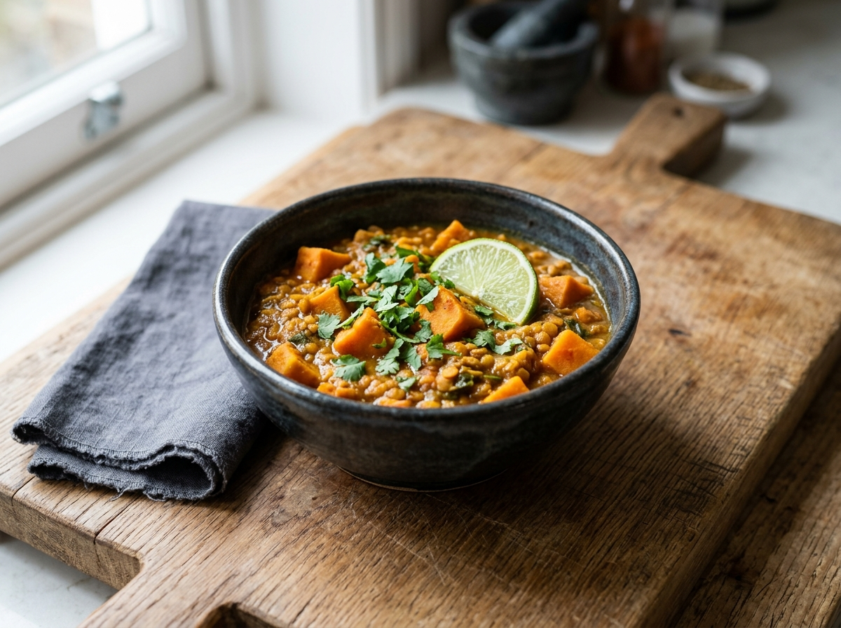 Bowl of smoky lentil and sweet potato curry topped with cilantro and lime, served on a wooden board