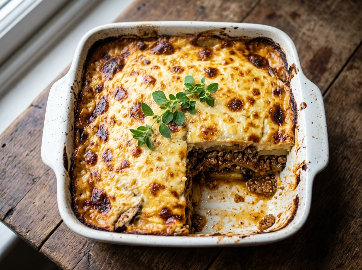 Baked spiced lamb and aubergine moussaka in a ceramic dish with a golden bechamel top and one square cut to show the layers