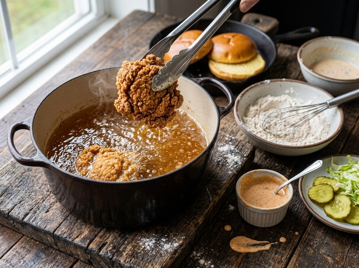 Golden fried buttermilk chicken thigh lifted with tongs from hot oil in a Dutch oven during frying