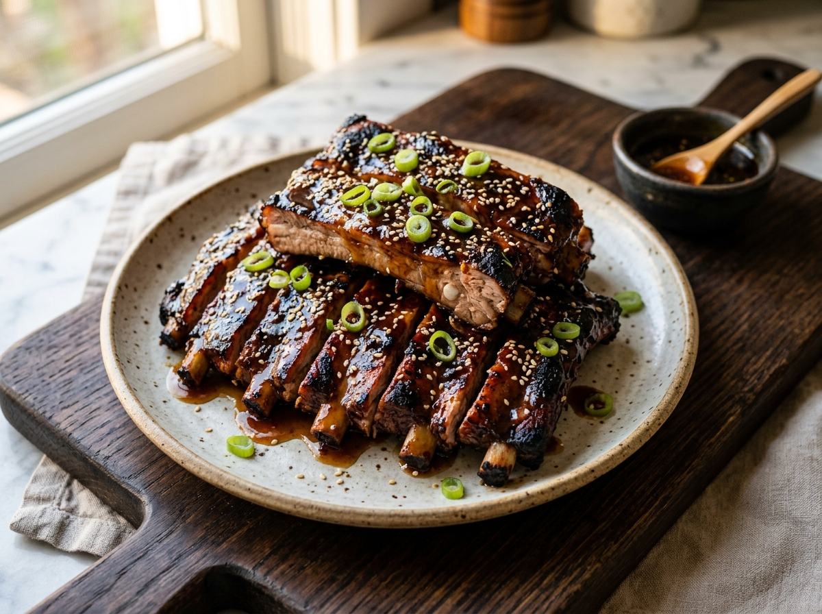Sliced honey garlic glazed spare ribs on a wooden board with sticky glaze and scattered sesame seeds