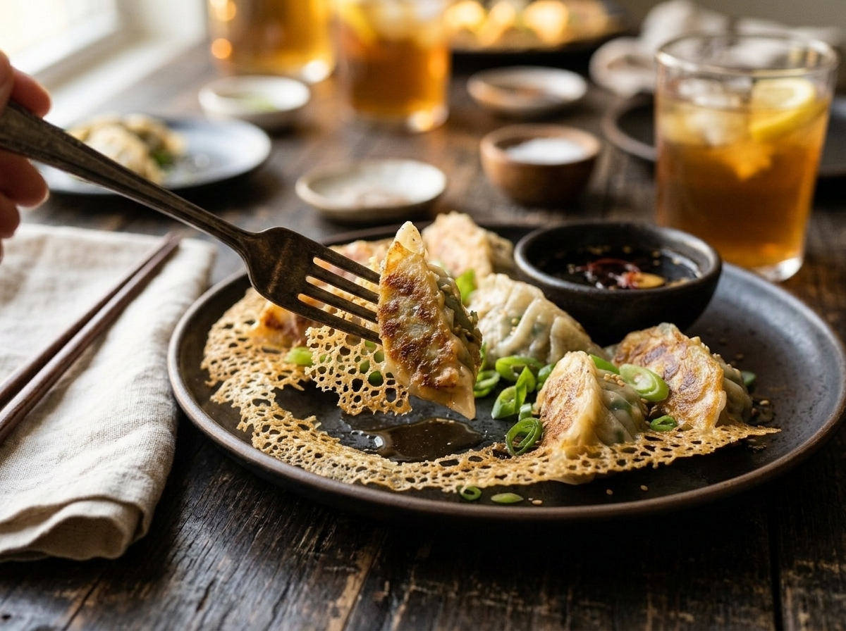 Plate of crispy pork and chive dumplings on a wooden table with dipping sauce and linen napkin