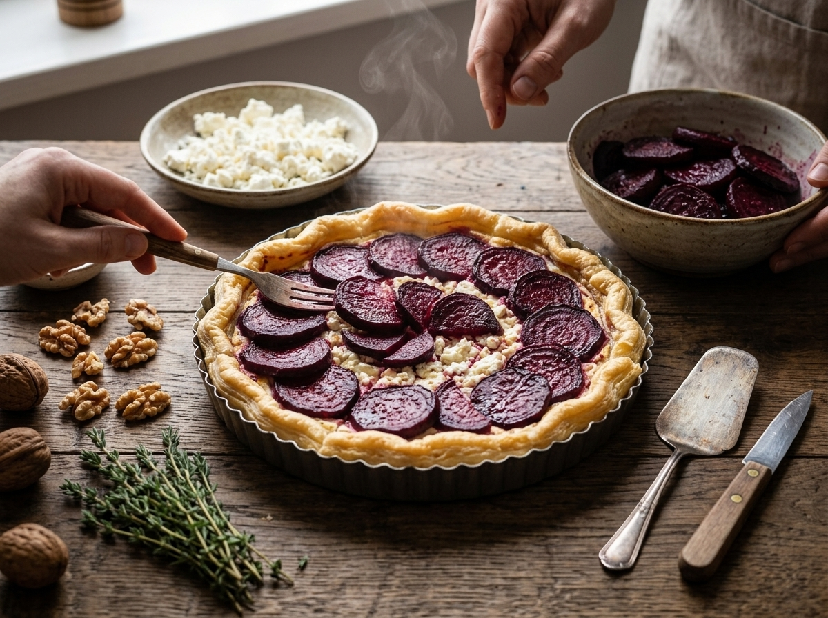 Arranging roasted beet slices over goat cheese filling in a puff pastry tart before baking