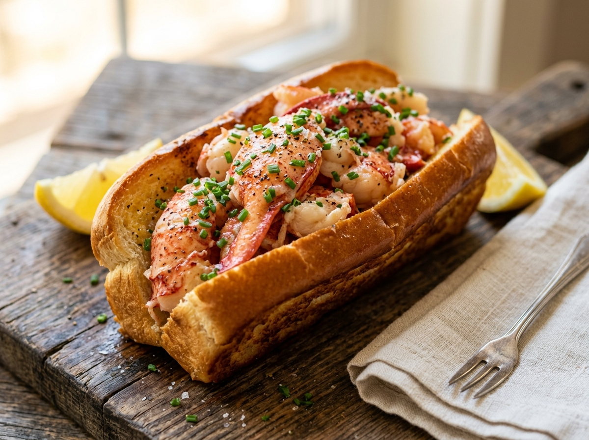 Toasted brioche bun piled with lobster meat glazed in brown butter, chives and lemon on a wooden board