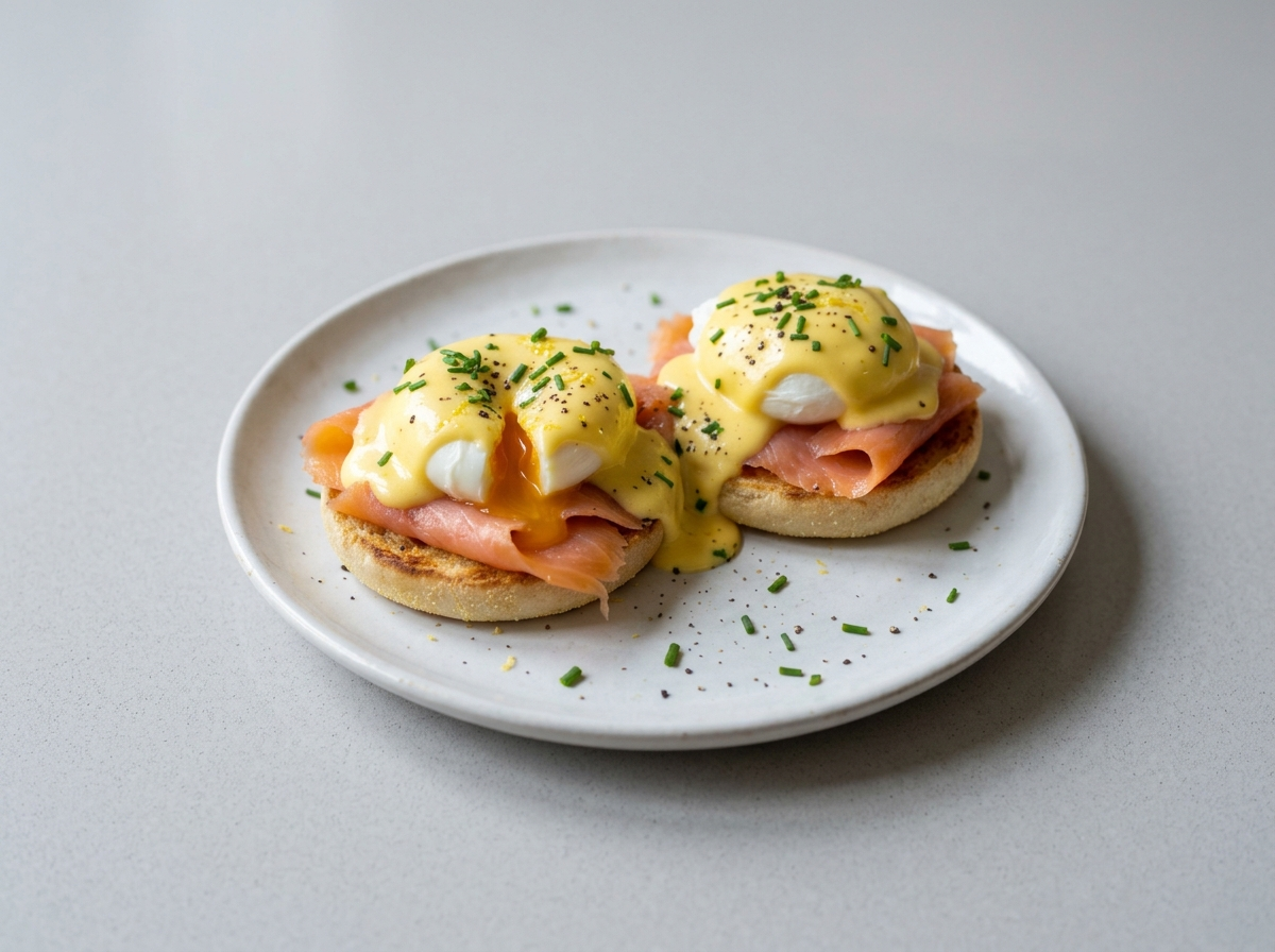Smoked salmon eggs Benedict on toasted English muffin with runny poached egg and glossy hollandaise sauce