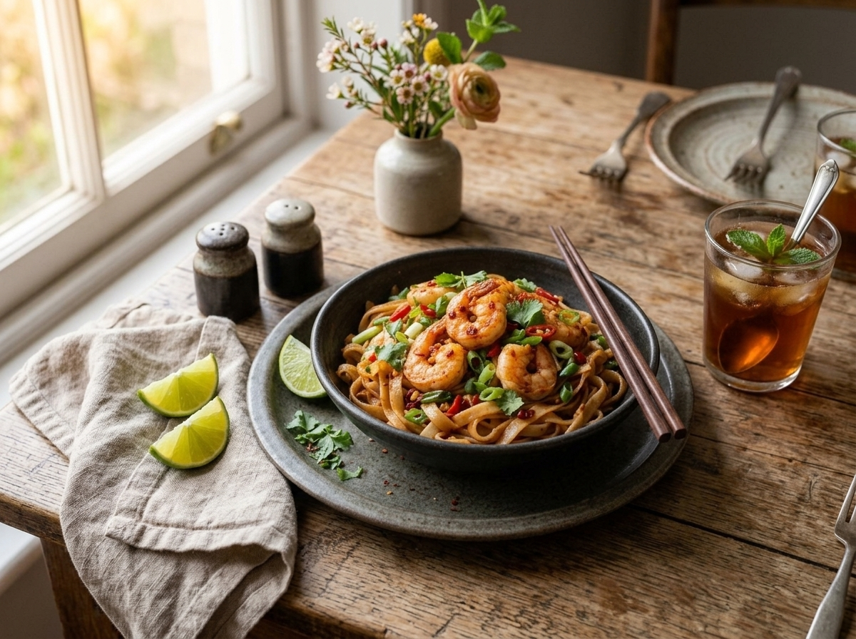 Table set with chili garlic prawn noodles, linen napkin, iced tea, and lime wedges in warm natural light