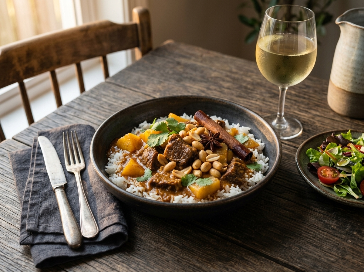 Plate of beef massaman curry over jasmine rice topped with roasted peanuts, served on a linen-covered table