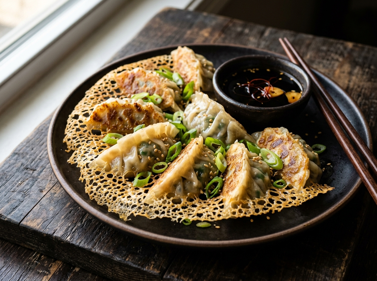 Crispy pork and chive dumplings with golden lacy skirts served with black vinegar dipping sauce and scallions
