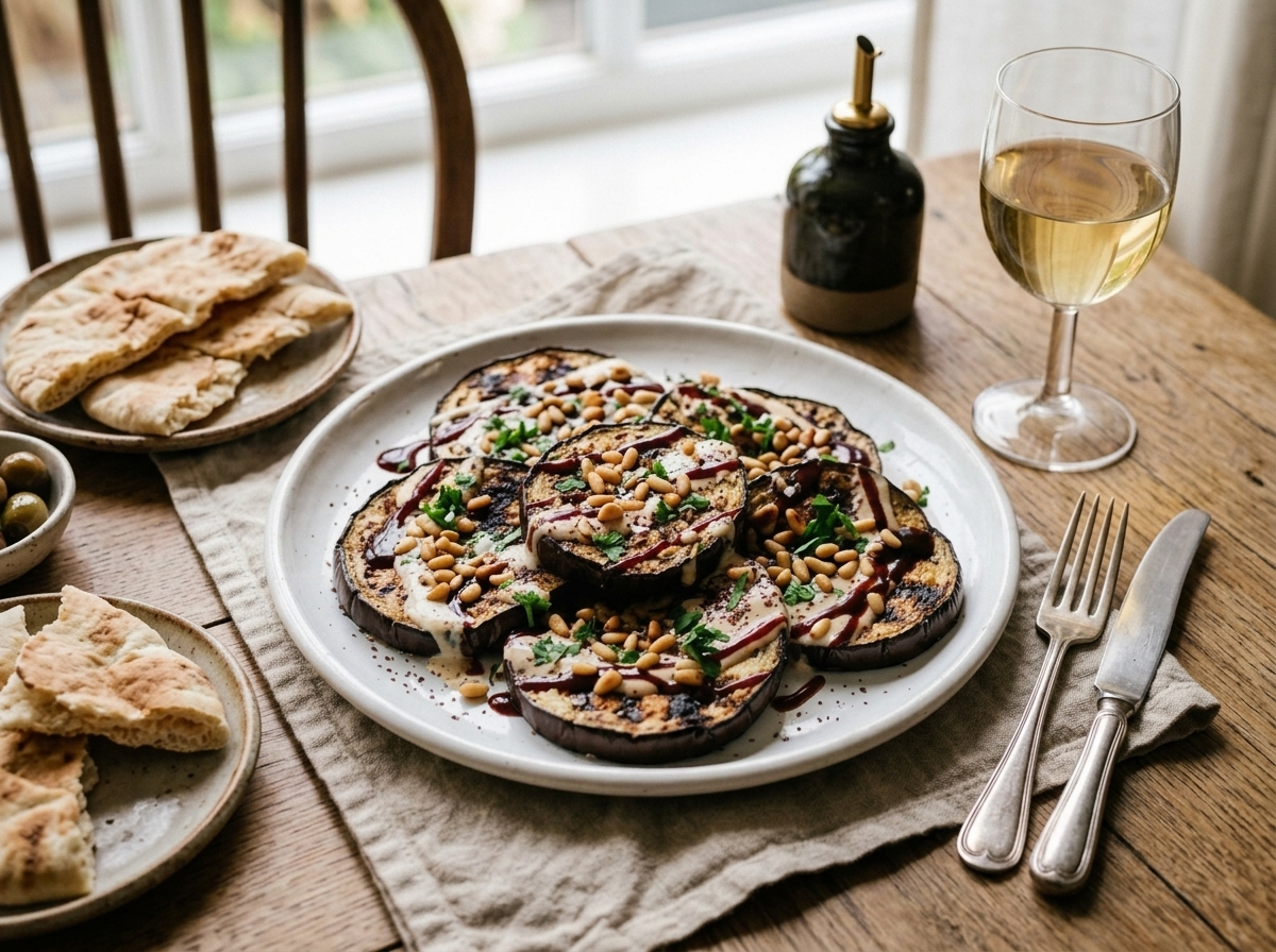 Platter of grilled aubergine with tahini drizzle served on a wooden table with warm pita and a glass of wine