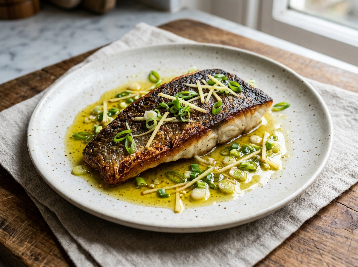 Crispy skin sea bass fillet topped with ginger scallion oil, scallion greens and julienned ginger on a white plate