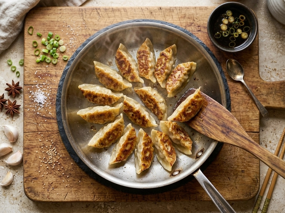 Gyoza frying in a stainless steel skillet with crisp golden bottoms right after the lid is lifted post-steaming
