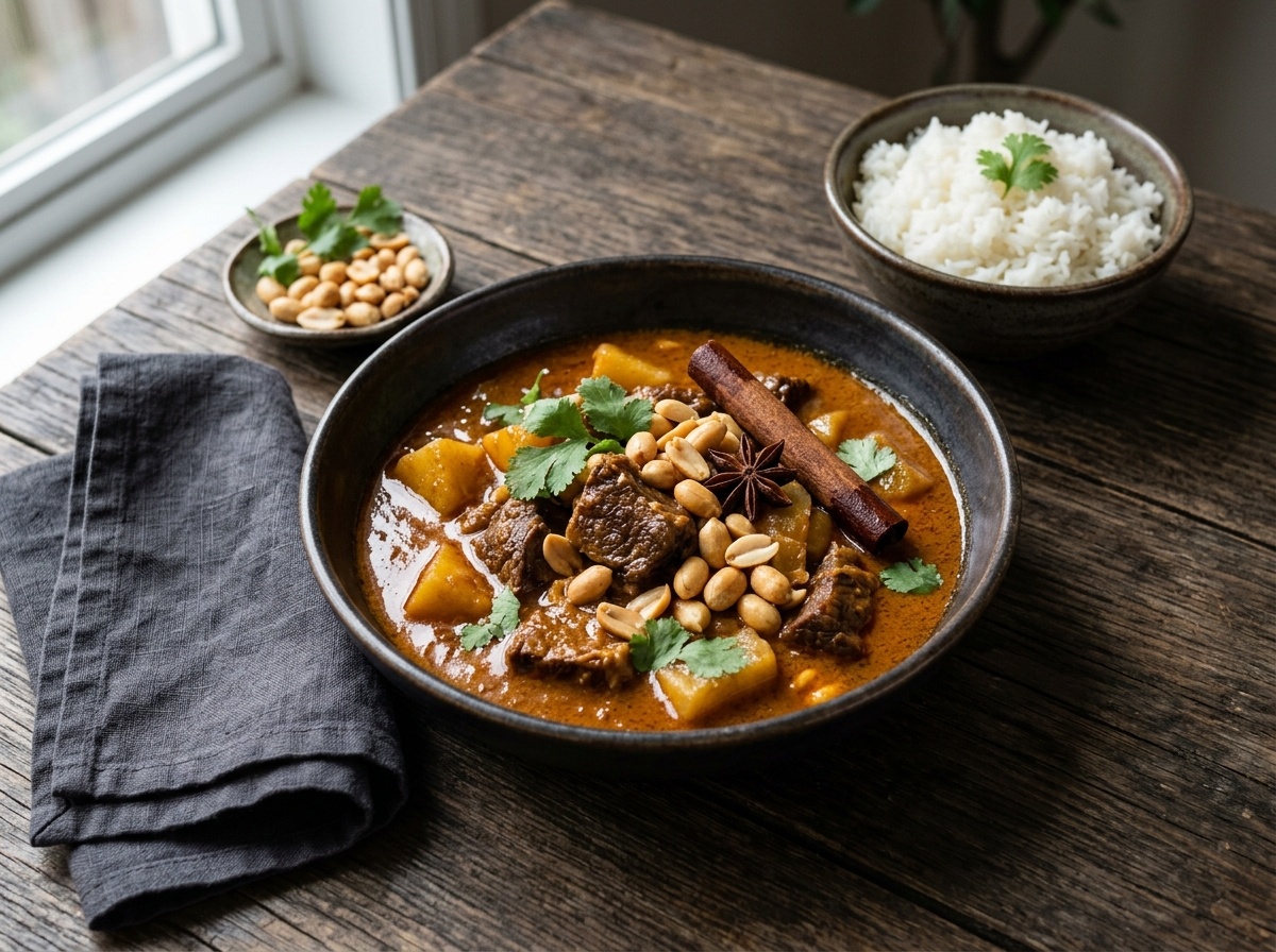Bowl of beef massaman curry with tender potatoes, glossy coconut sauce, and roasted peanuts scattered on top