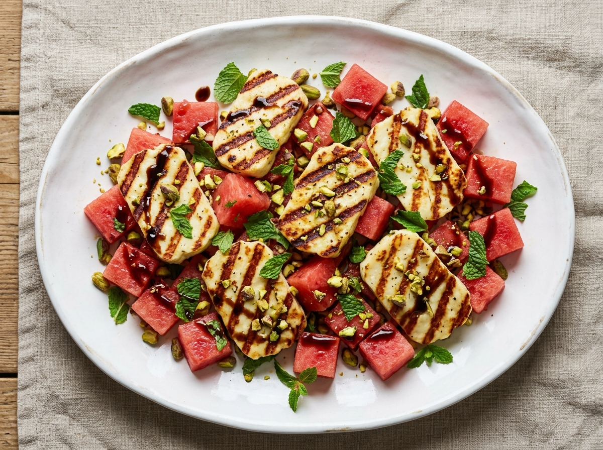 Overhead view of grilled halloumi and watermelon salad with mint, pistachios, and balsamic glaze on a white platter