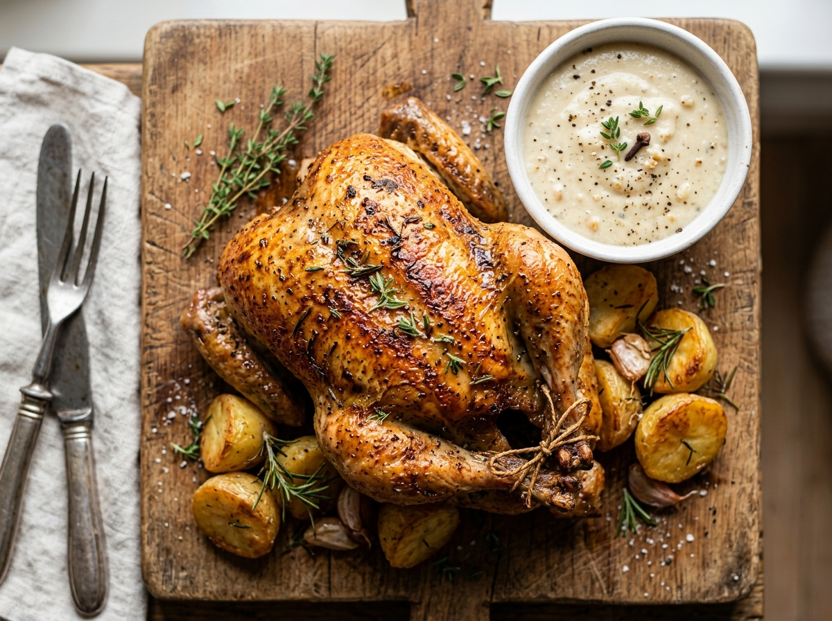 Whole roasted guinea fowl with crisp golden skin on a wooden board next to a bowl of bread sauce and thyme