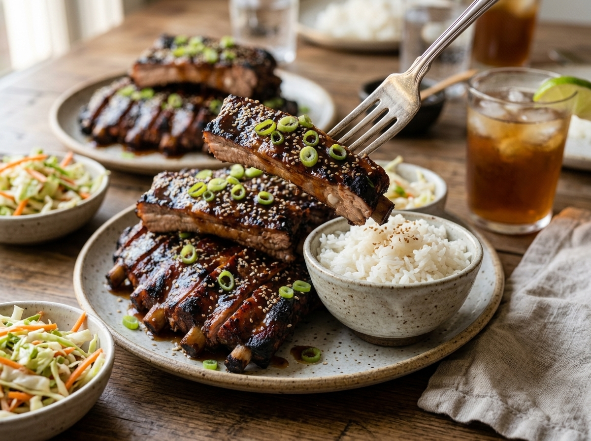 Plate of honey garlic glazed spare ribs served with steamed rice and slaw on a wooden table